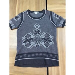 Lacoste Knit Sweater Top Geometric Pattern Gray Short Sleeve Women Size 36